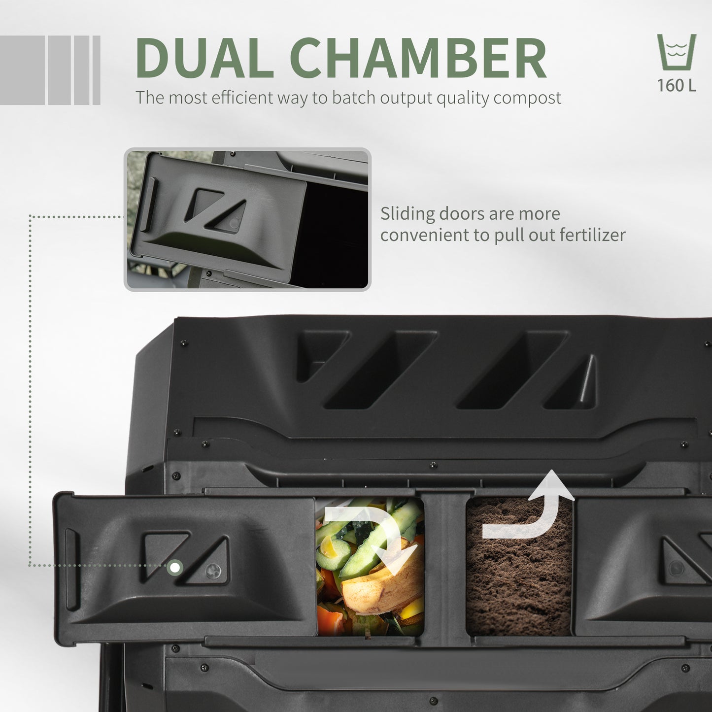 Black dual chamber compost bin L capacity showcasing sliding doors for fertilizer access