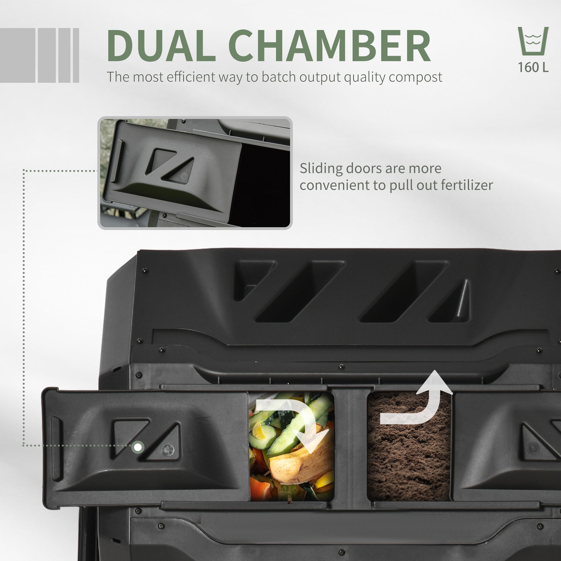 Black dual chamber compost bin L capacity showcasing sliding doors for fertilizer access