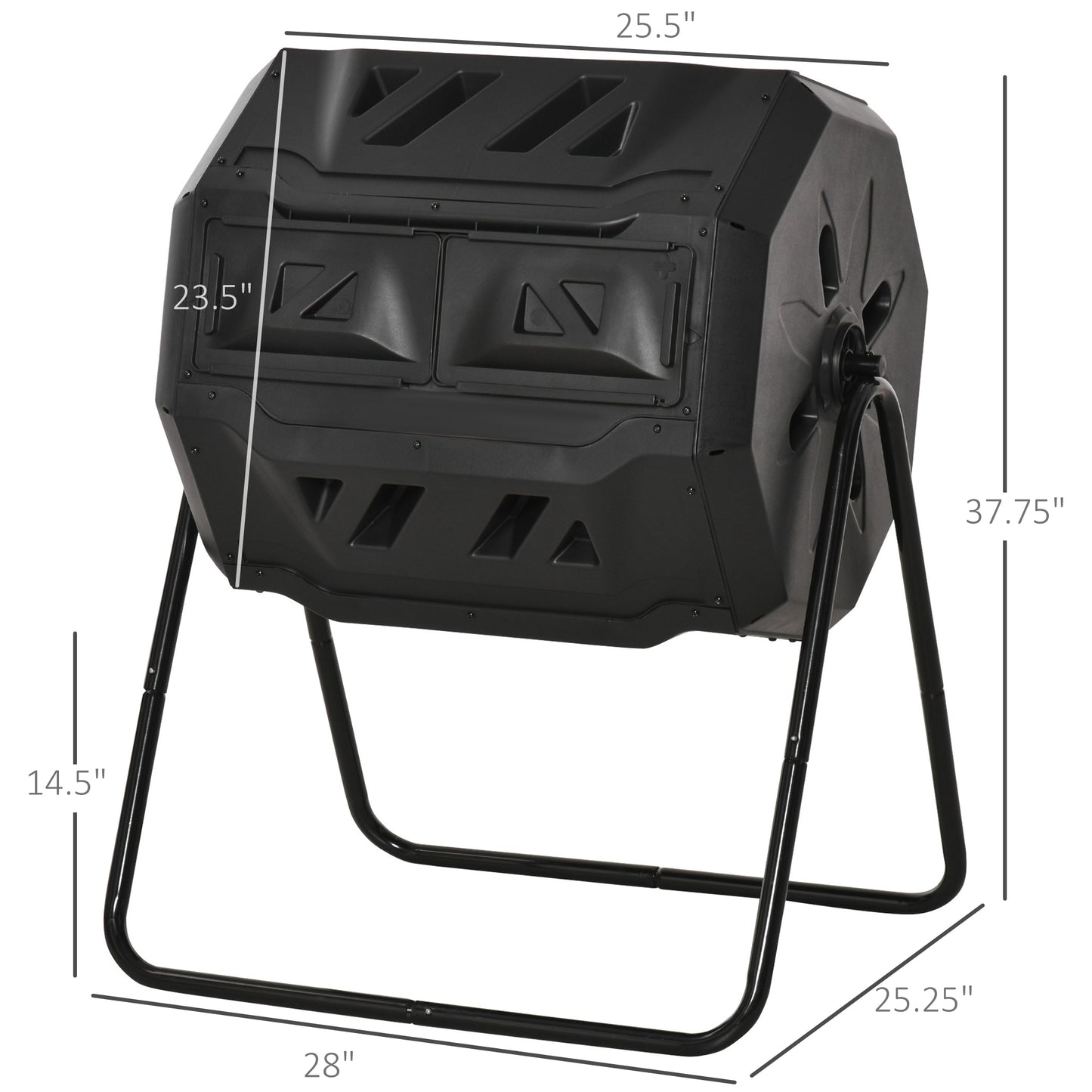 Black dualchamber compost tumbler with sturdy metal stand and ventilation slots