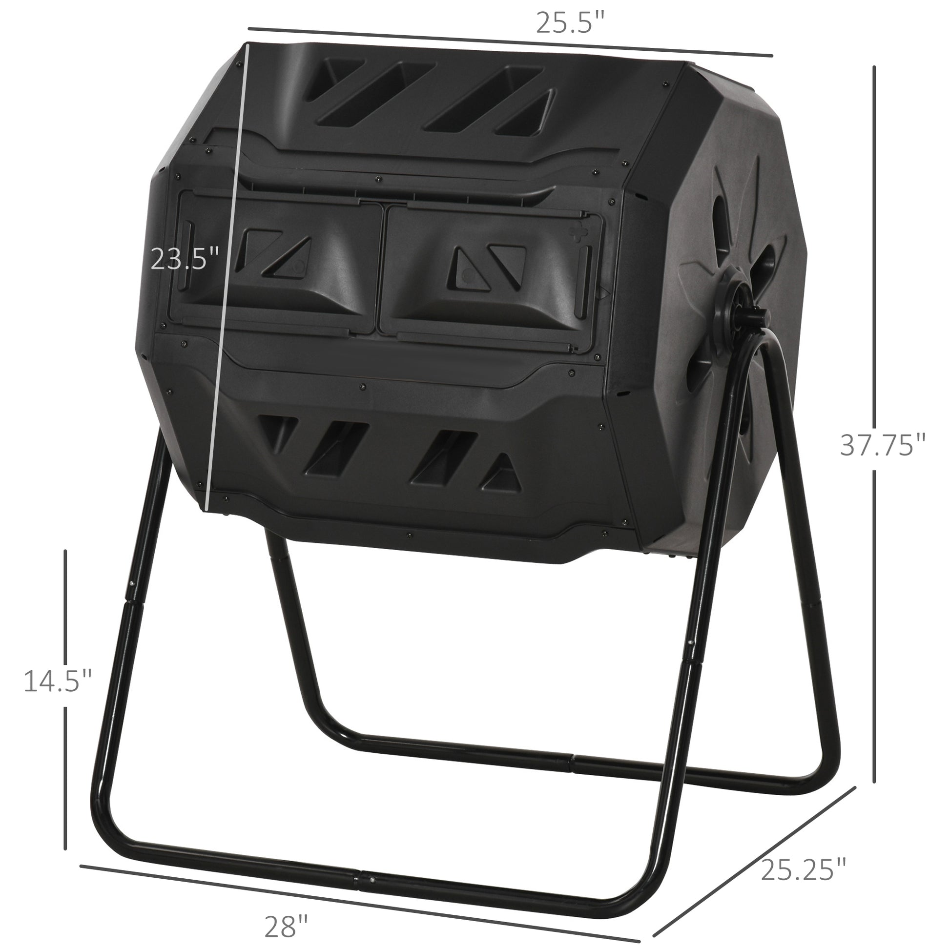 Black dualchamber compost tumbler with sturdy metal stand and ventilation slots
