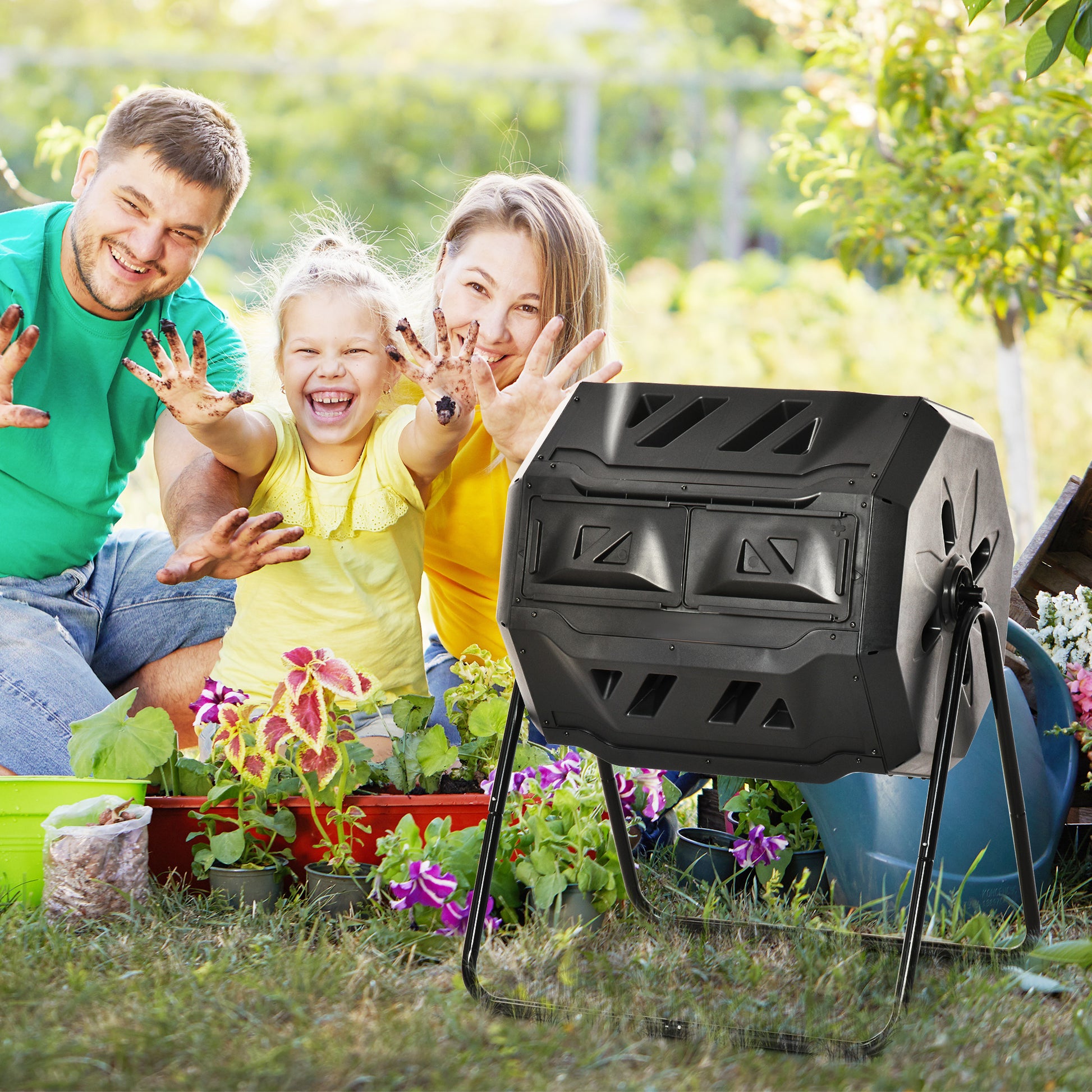 Black dualchamber tumbler composter for efficient garden waste recycling
