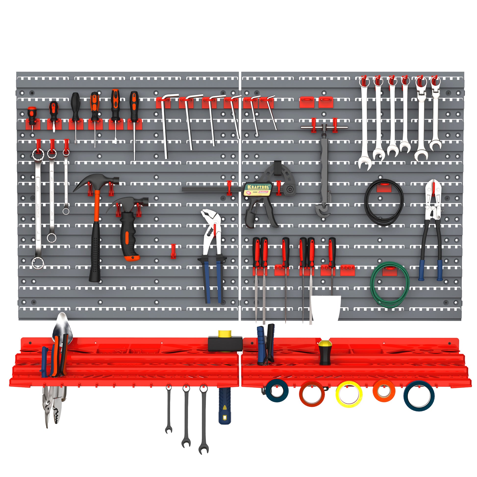 Assortment of redhandled screwdrivers organized on a gray pegboard organizer
