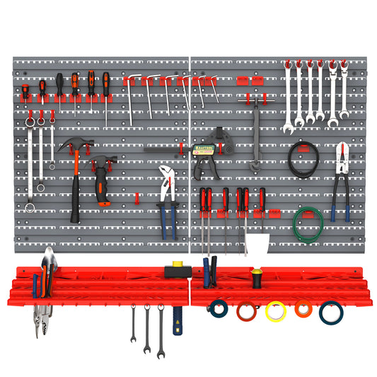 Assortment of redhandled screwdrivers organized on a gray pegboard organizer