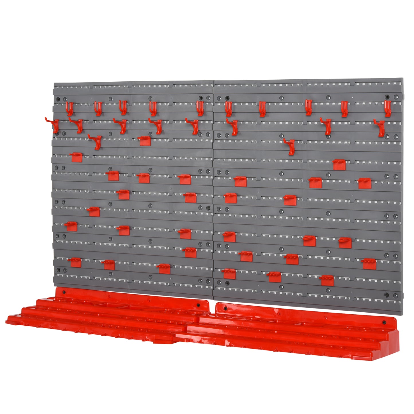 Gray modular pegboard system with red hooks and bins for garage organization