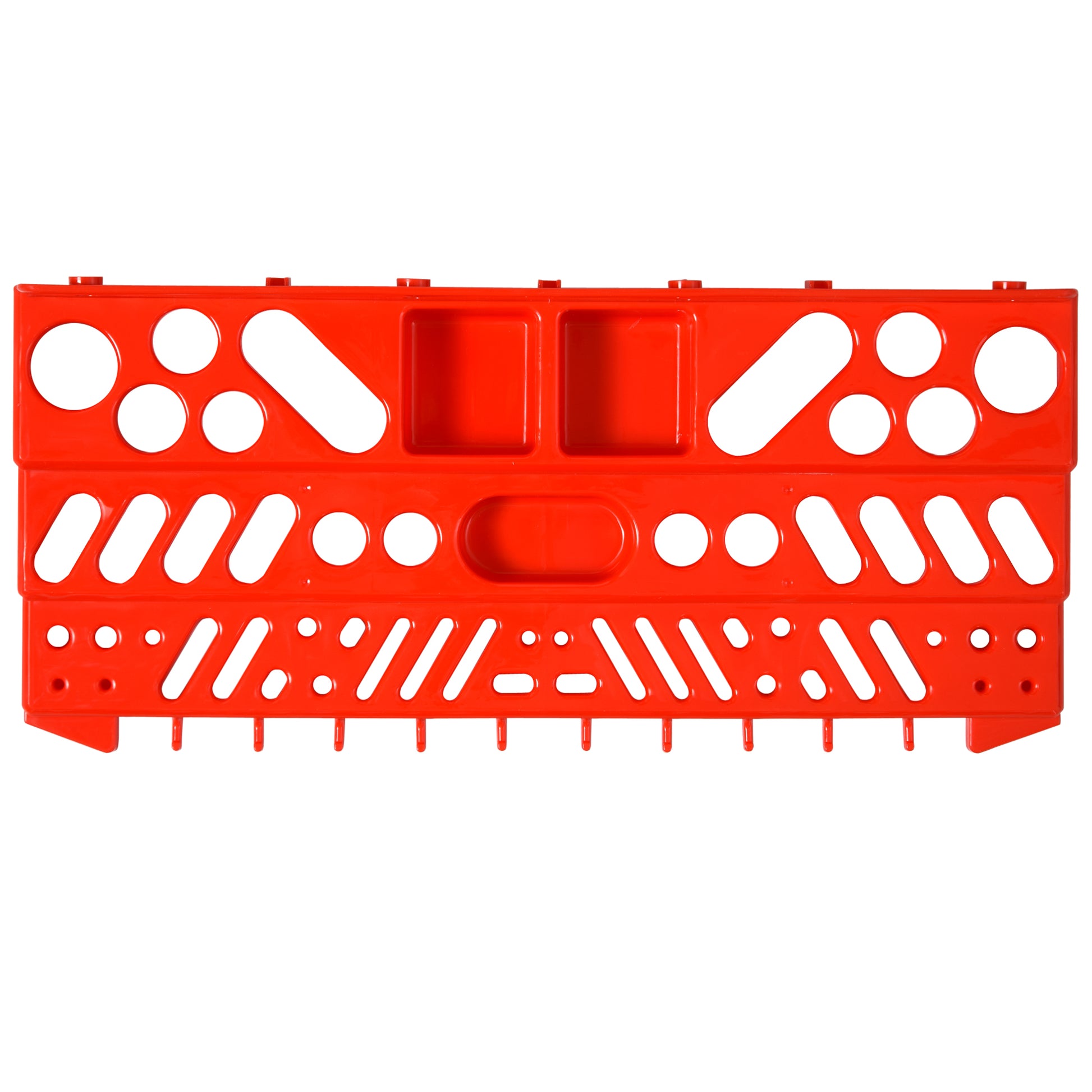 Orange plastic tool organizer with various circular and oval cutouts for storage