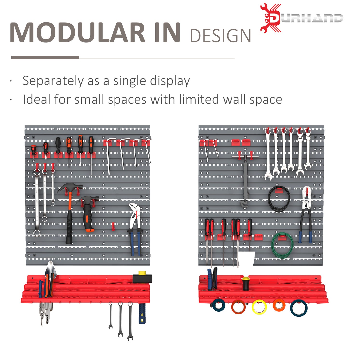 Gray pegboard with various tools like wrenches hammers and screwdrivers