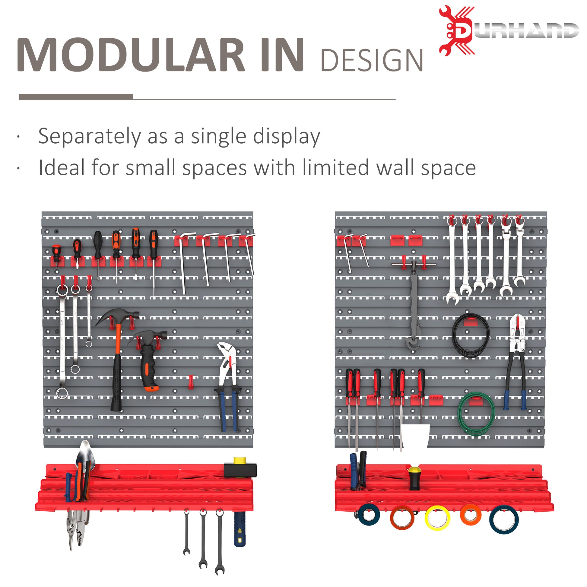 Gray pegboard with various tools like wrenches hammers and screwdrivers