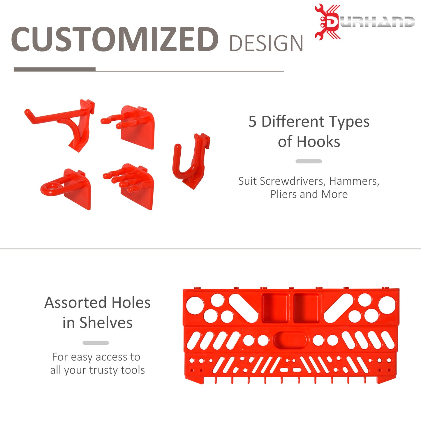 Set of  red plastic pegboard hooks for organizing tools like screwdrivers and pliers