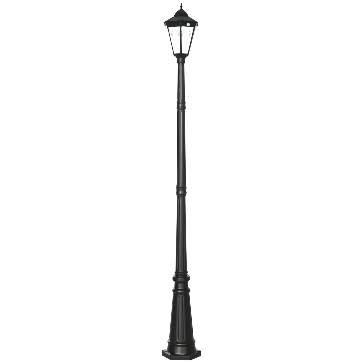 Black vintagestyle garden lamp post with a hexagonal top and solarpowered LED lights