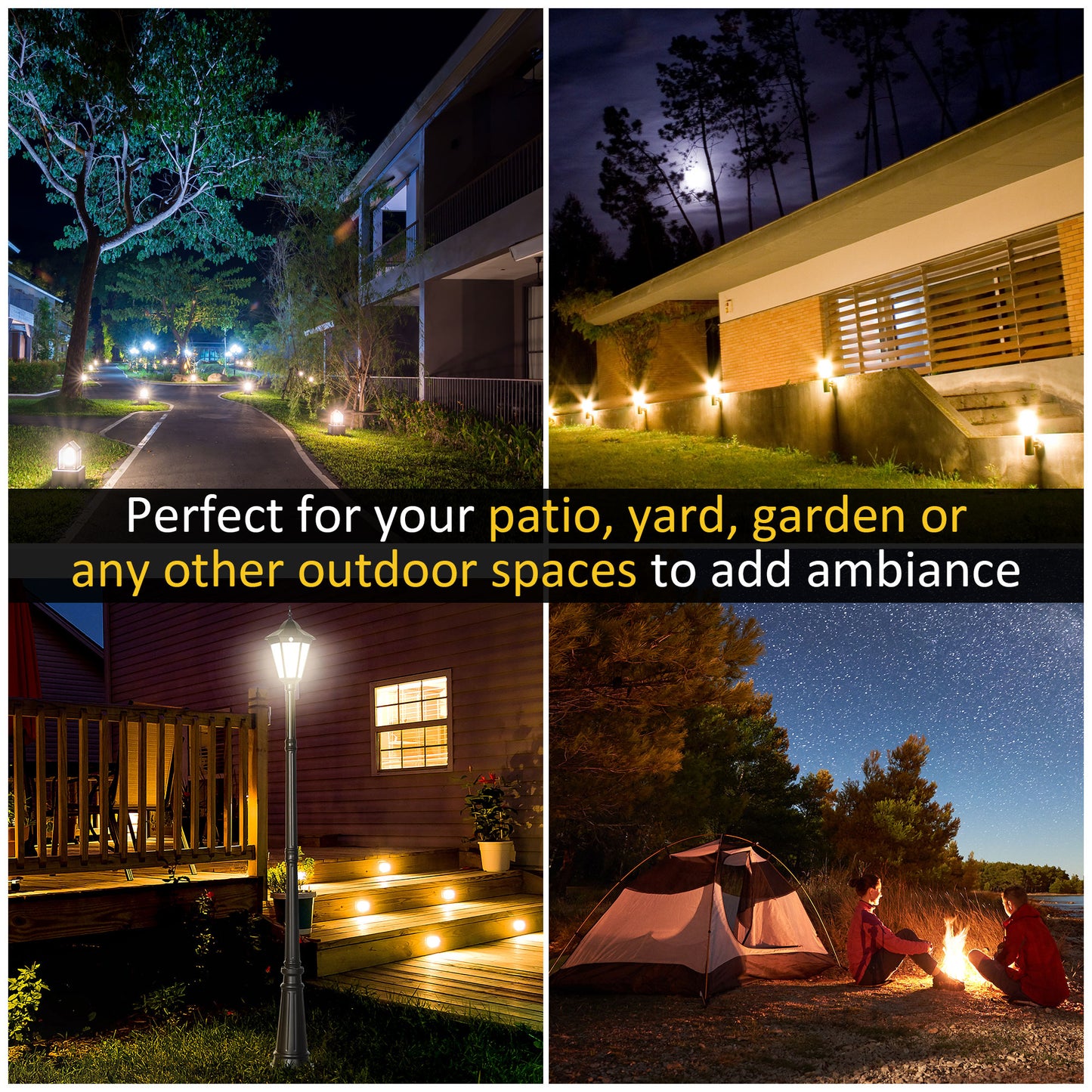 Modern pathway lights illuminating a garden path at night with ambient glow