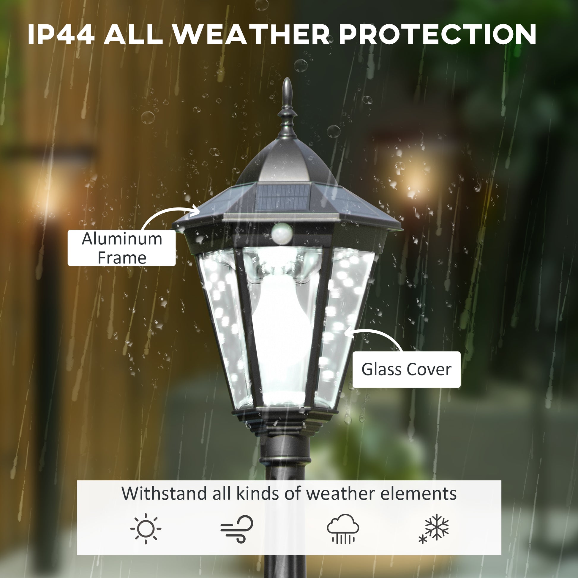 Black outdoor solar lamp with aluminum frame and glass cover