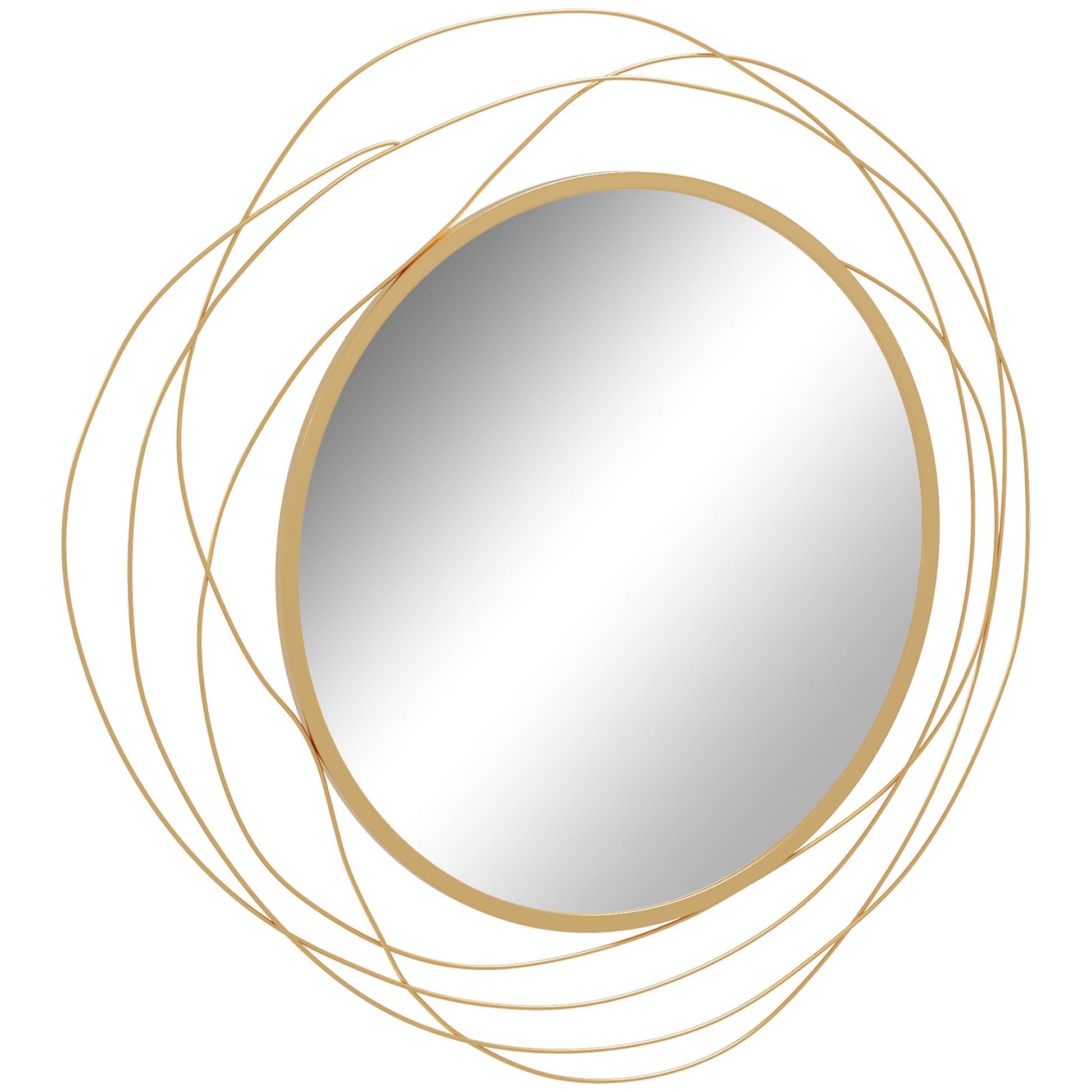 Round gold mirror with swirling metal accents perfect for modern wall decor