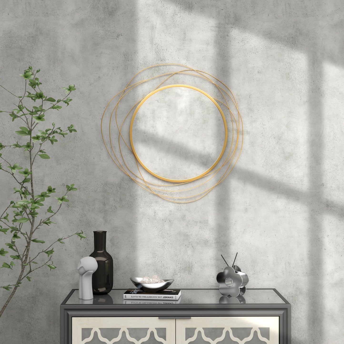 Round gold abstract wire wall mirror with modern minimalist design