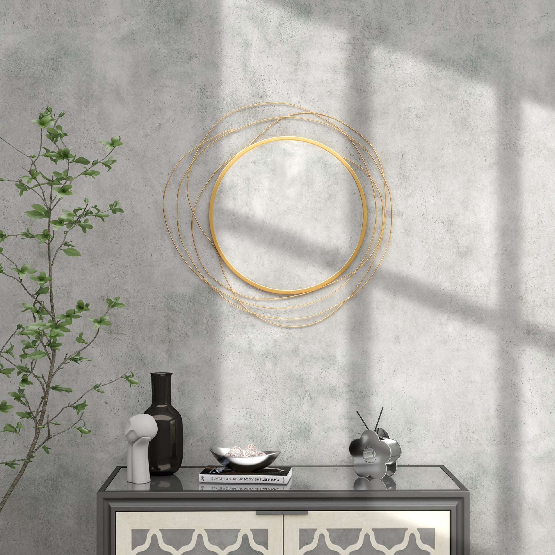 Round gold abstract wire wall mirror with modern minimalist design