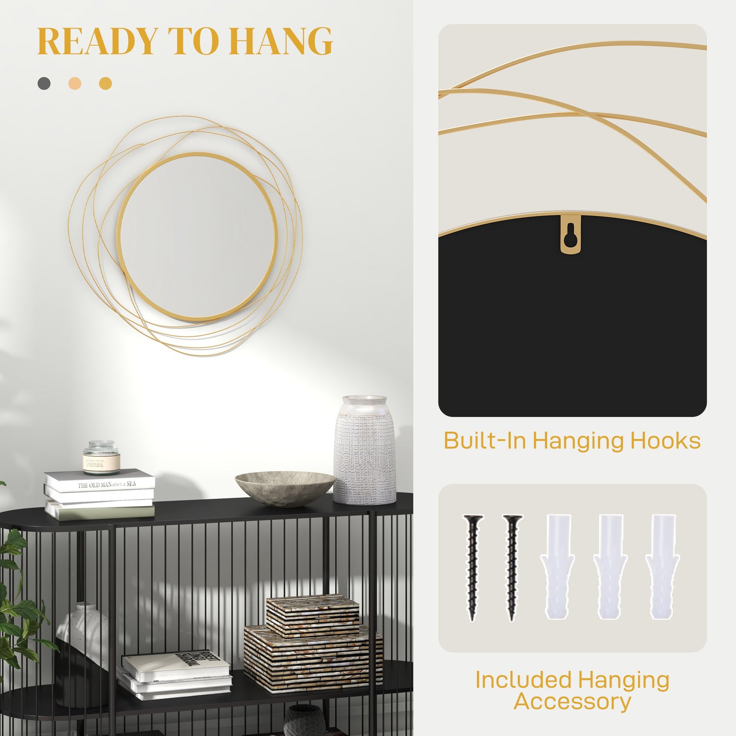 Round metal wall mirror with abstract gold wire overlay ready to hang