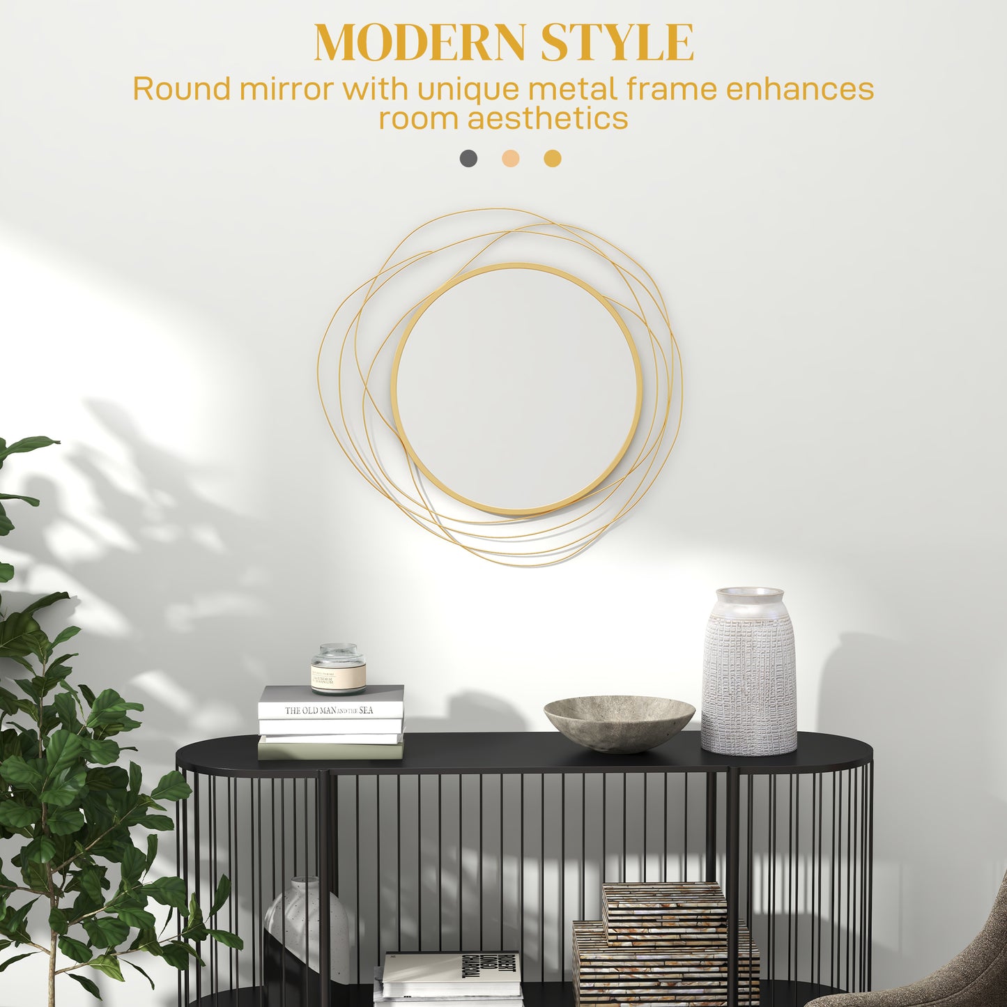 Round gold abstract metal frame mirror a modern art piece for any wall