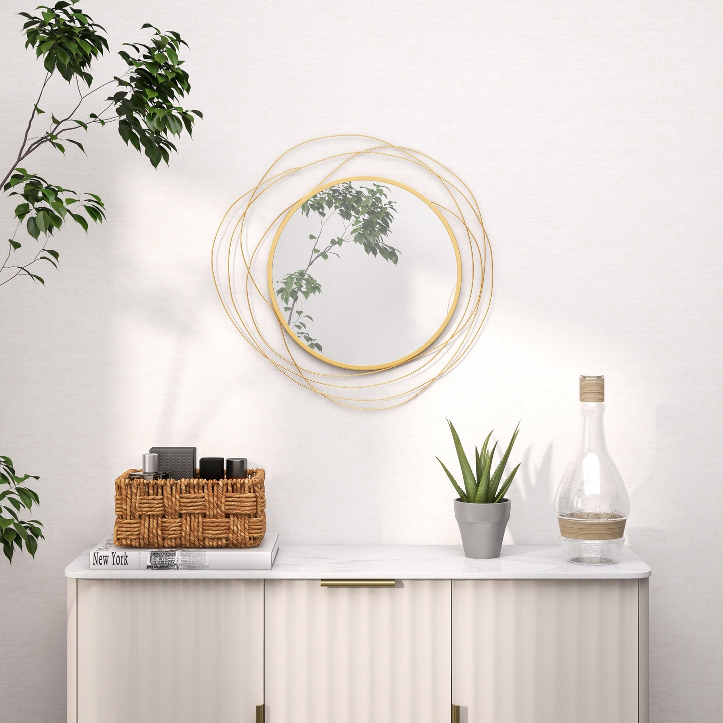 Round gold wall mirror with abstract wire frame modern decorative accent