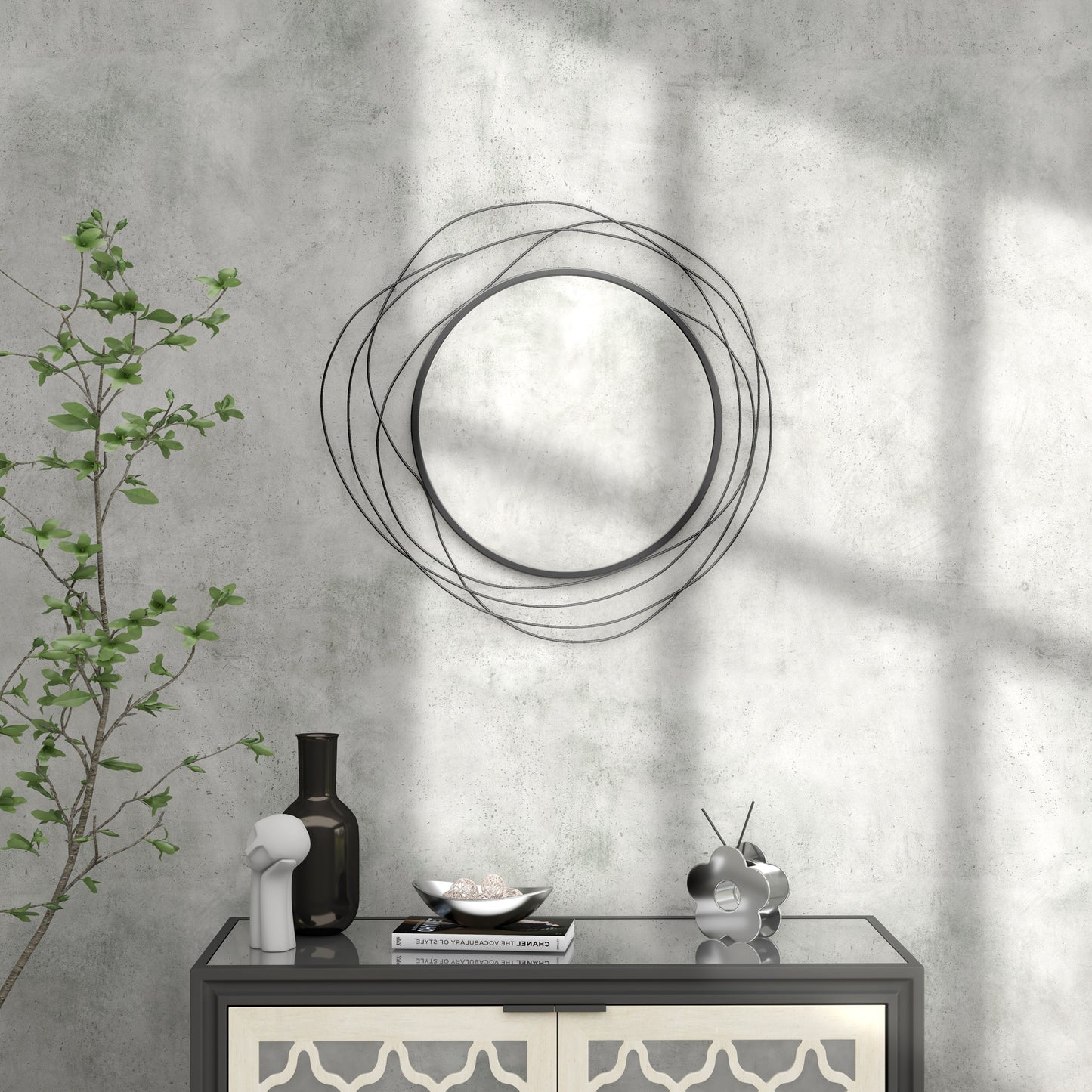 Abstract metal wall mirror with thin overlapping circular frame modern art decor