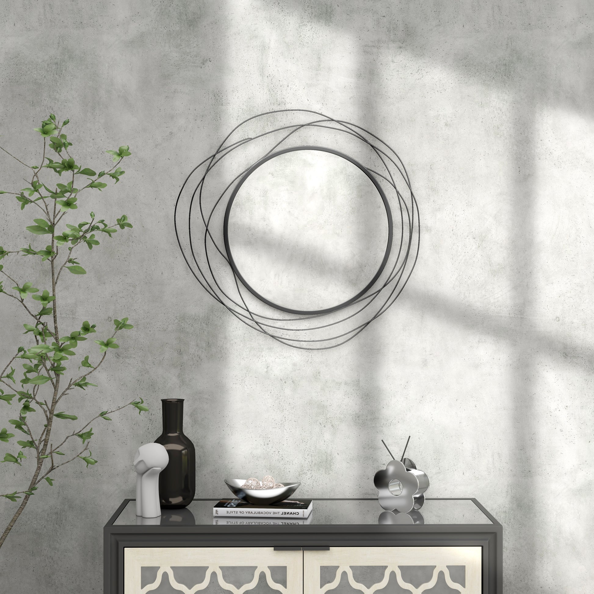 Abstract metal wall mirror with thin overlapping circular frame modern art decor