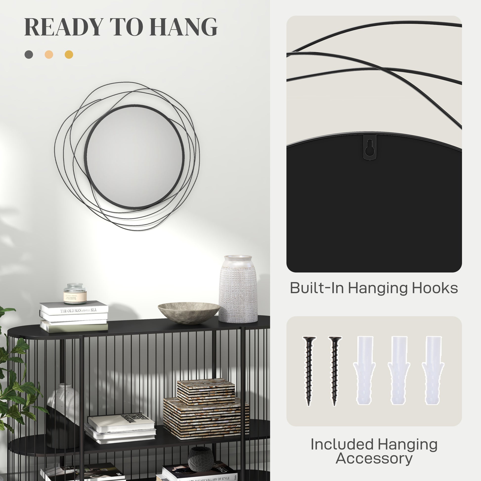 Round metal wall mirror with abstract wire overlay black finish