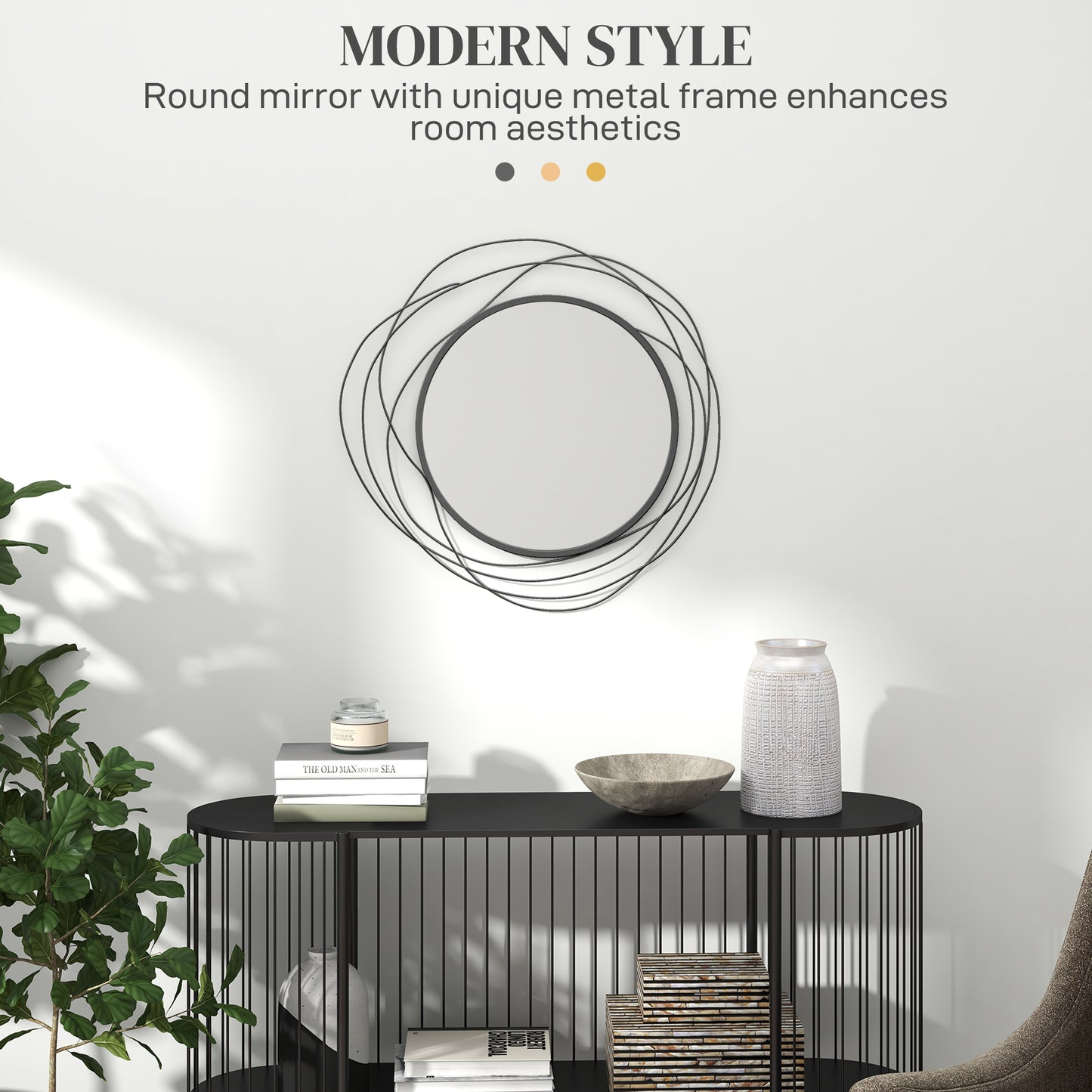 Round black metal wall mirror with abstract wire frame modern living room decor