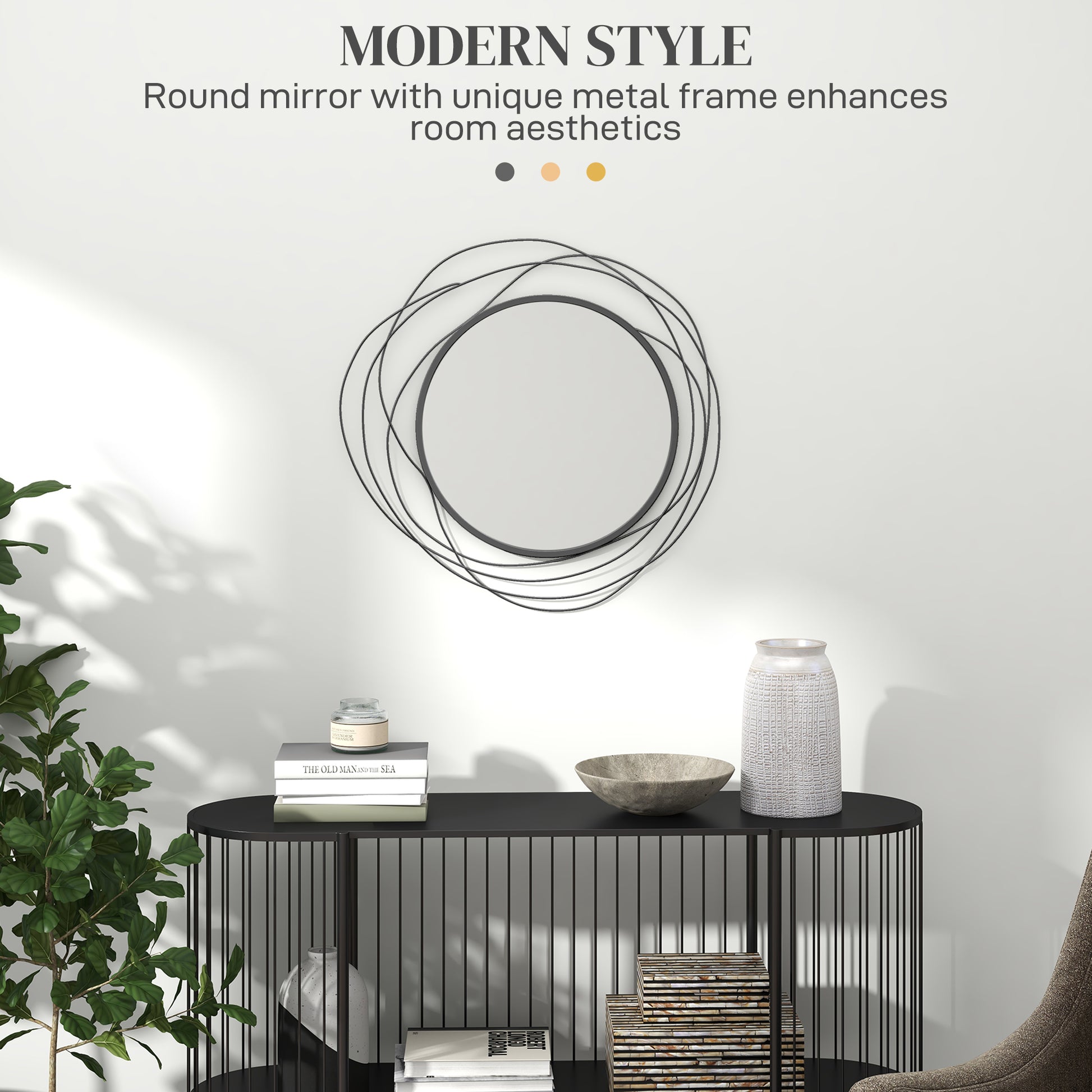 Round black metal wall mirror with abstract wire frame modern living room decor