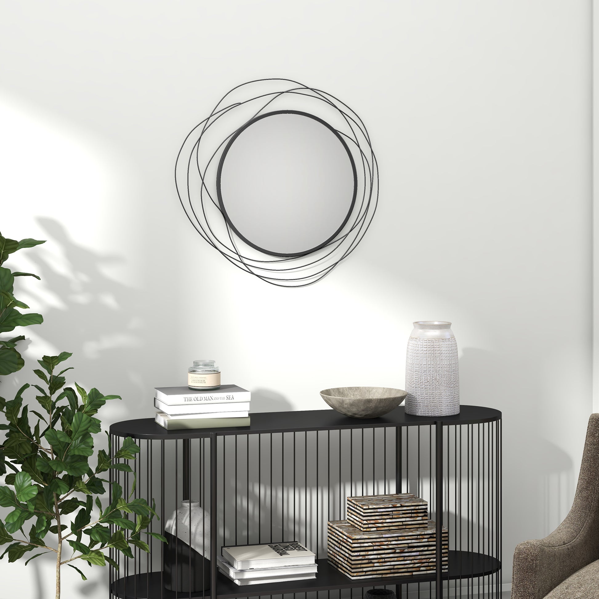 Black metal abstract wall mirror with organic wire frame design