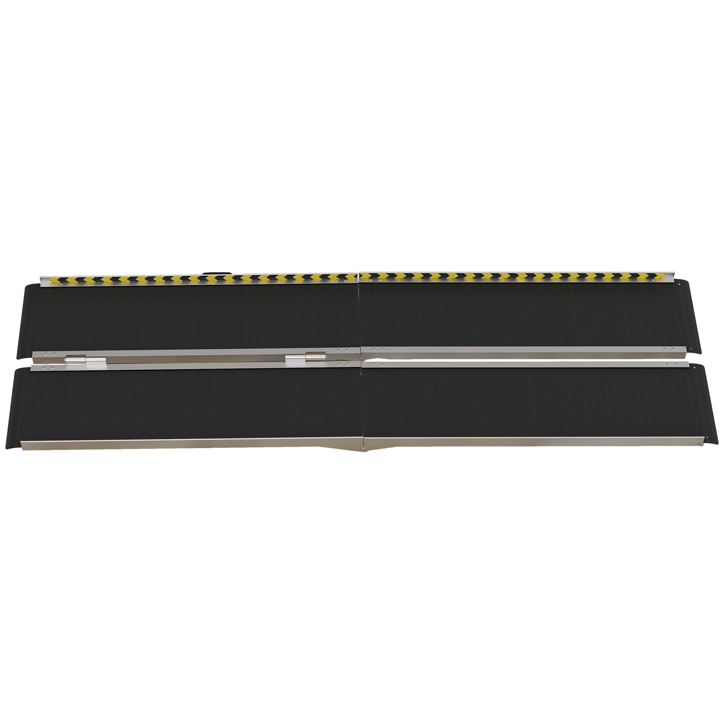 Black foldable ramp with yellow and black chevron safety tape