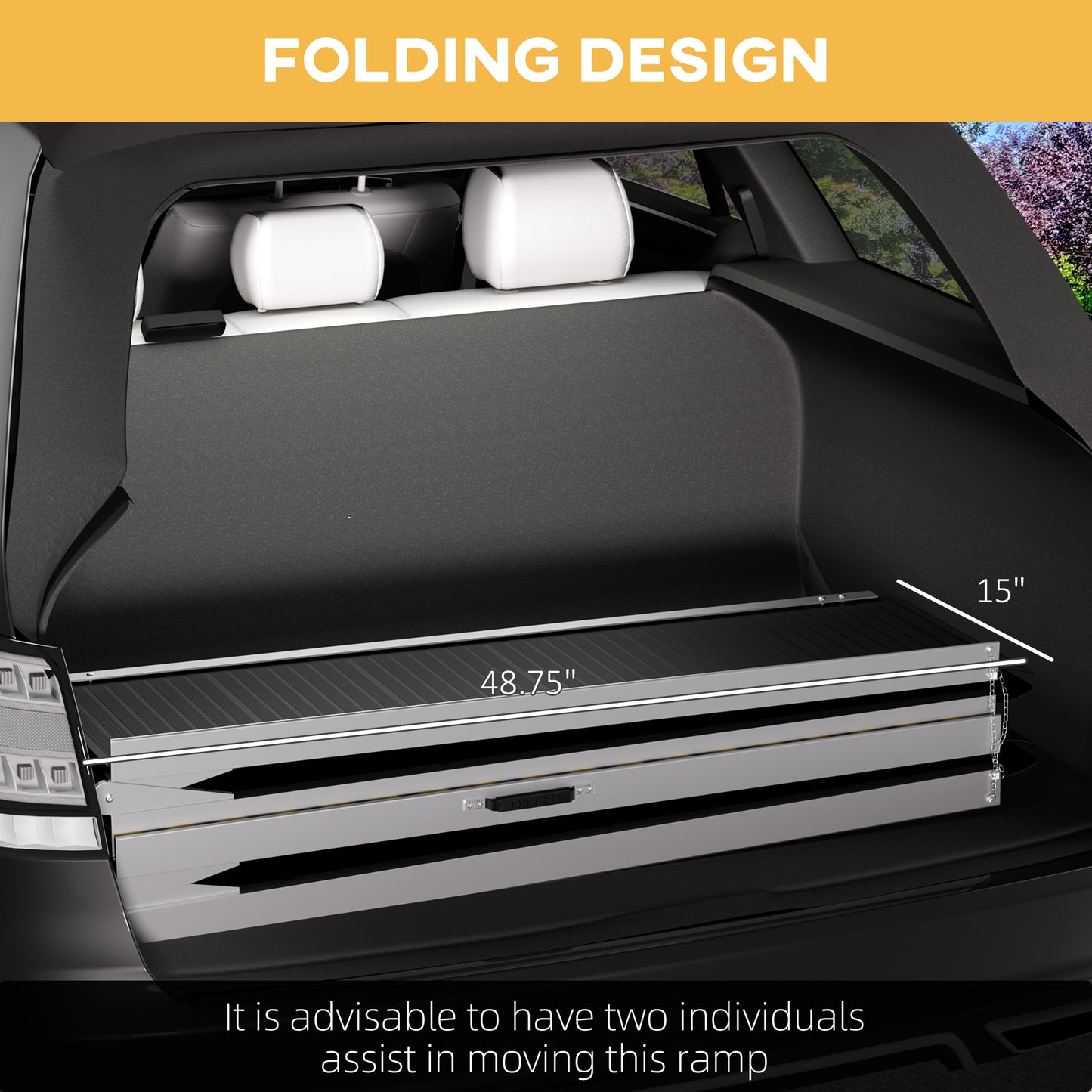 Silver aluminum folding ramp with textured grip  inches long stored in car trunk