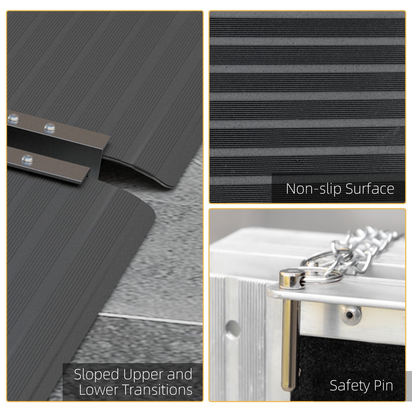 Dark gray portable ramp with sloped transitions and metal connectors