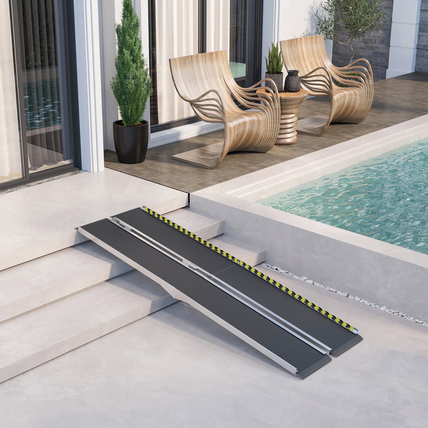 Portable wheelchair ramp with yellow safety edge for outdoor accessibility