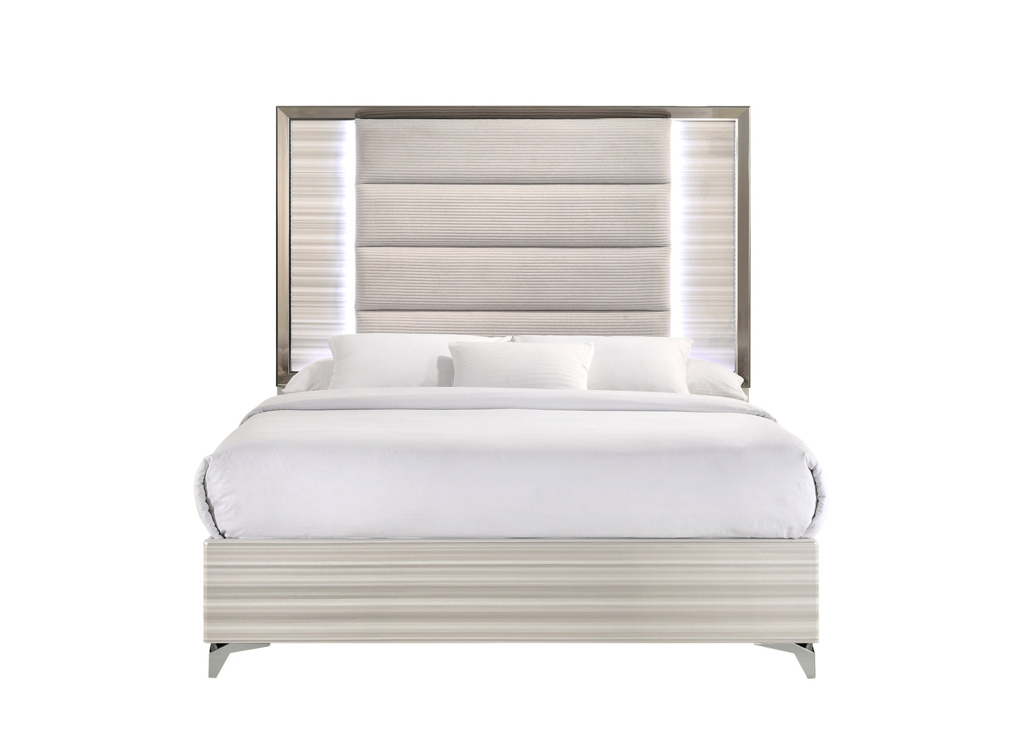 Modern king size bed with upholstered headboard and LED lights
