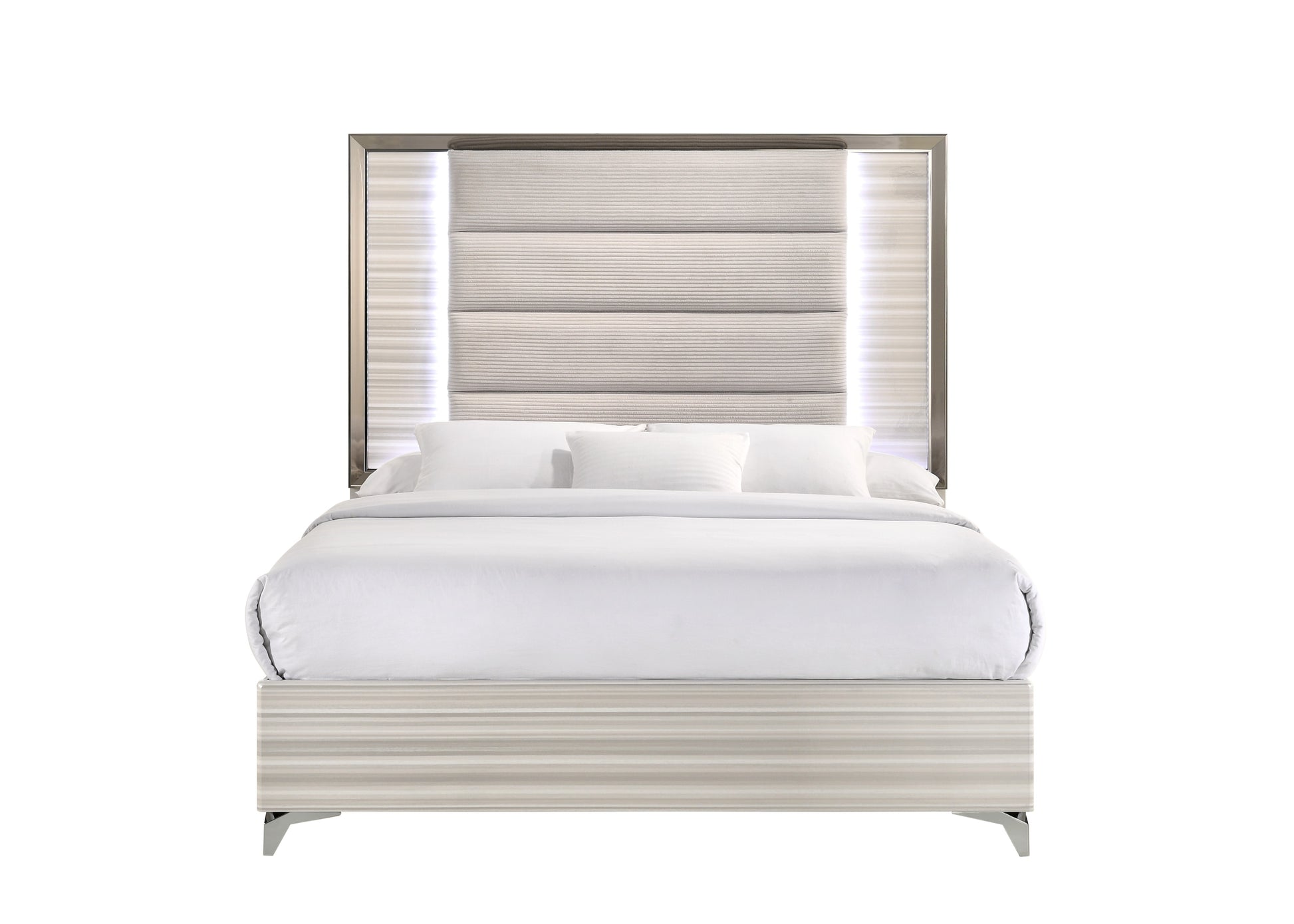 Modern king size bed with upholstered headboard and LED lights