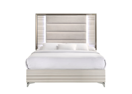Modern king size bed with upholstered headboard and LED lights