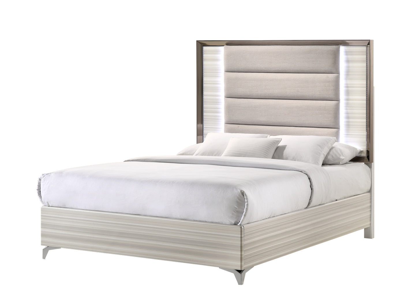 Modern upholstered queen bed with integrated LED headboard lighting neutral tones