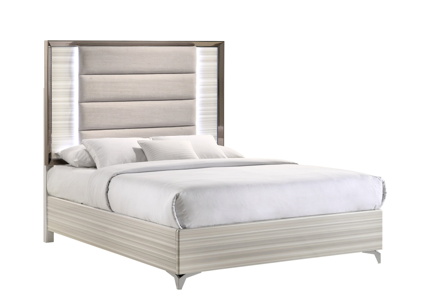 Modern platform bed with upholstered headboard featuring integrated LED lights and a striped woodgrain base