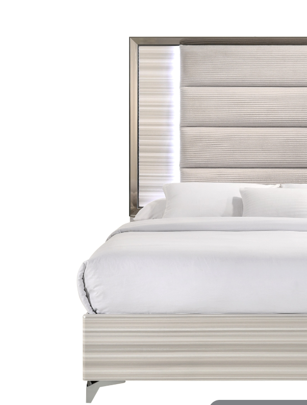 Modern king bed with upholstered headboard and integrated LED lighting
