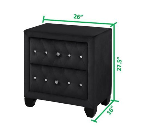 Black velvet nightstand with crystal tufted drawers and silver hardware