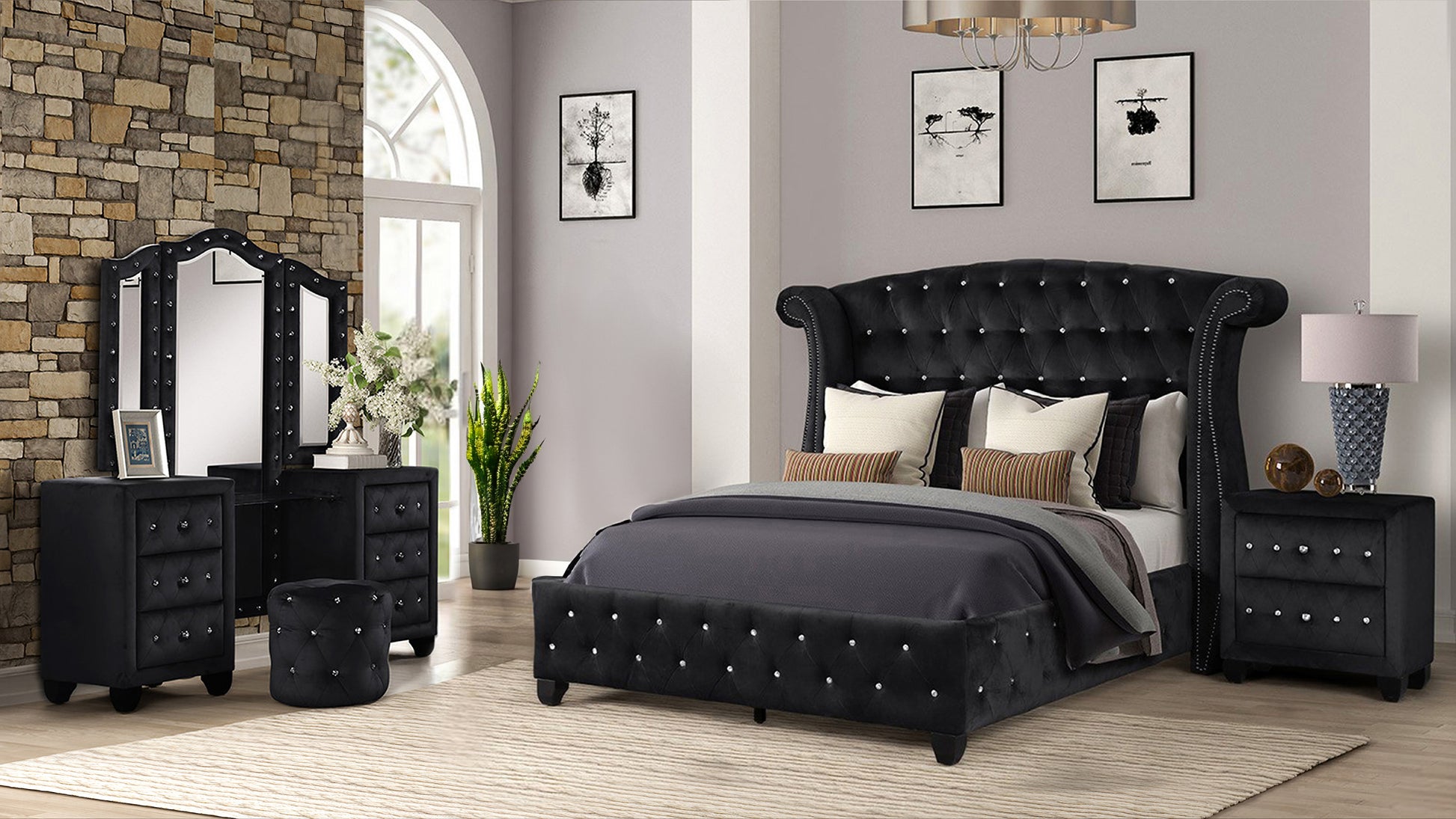 Black velvet king bed with crystal tufting and wingback headboard