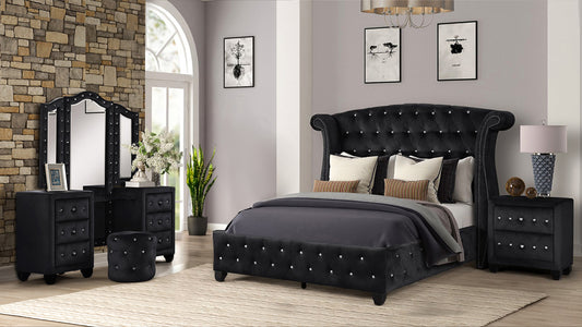 Black velvet king bed with crystal tufting and wingback headboard