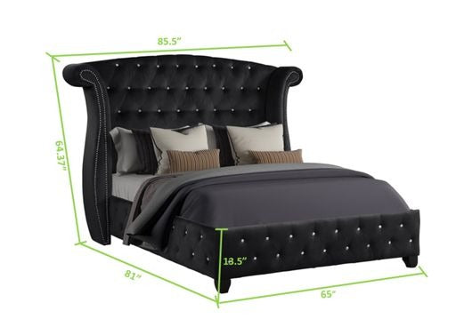 Black velvet tufted king bed with crystal accents and wingback headboard