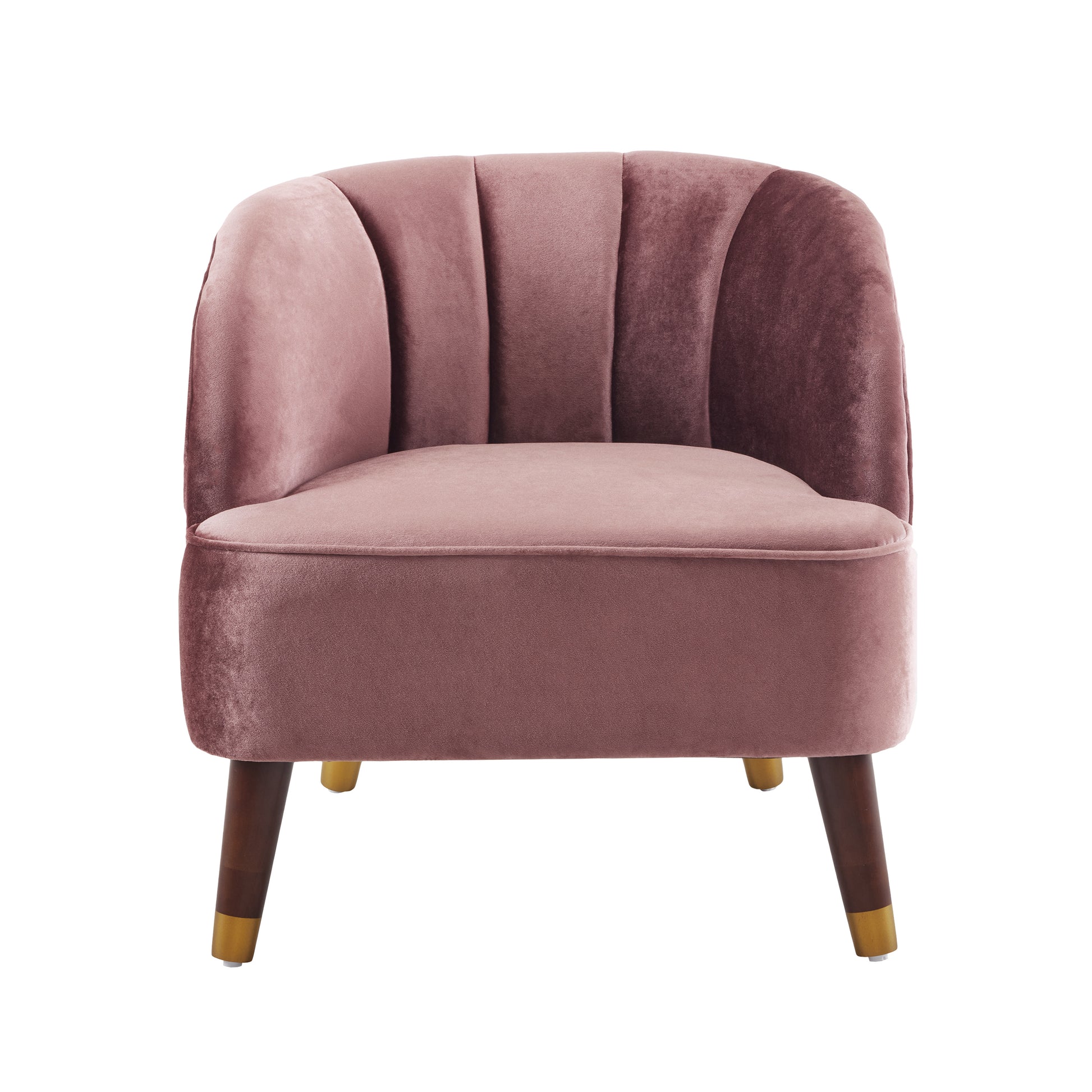 Plush pink velvet accent chair with channel tufting and goldtipped wooden legs