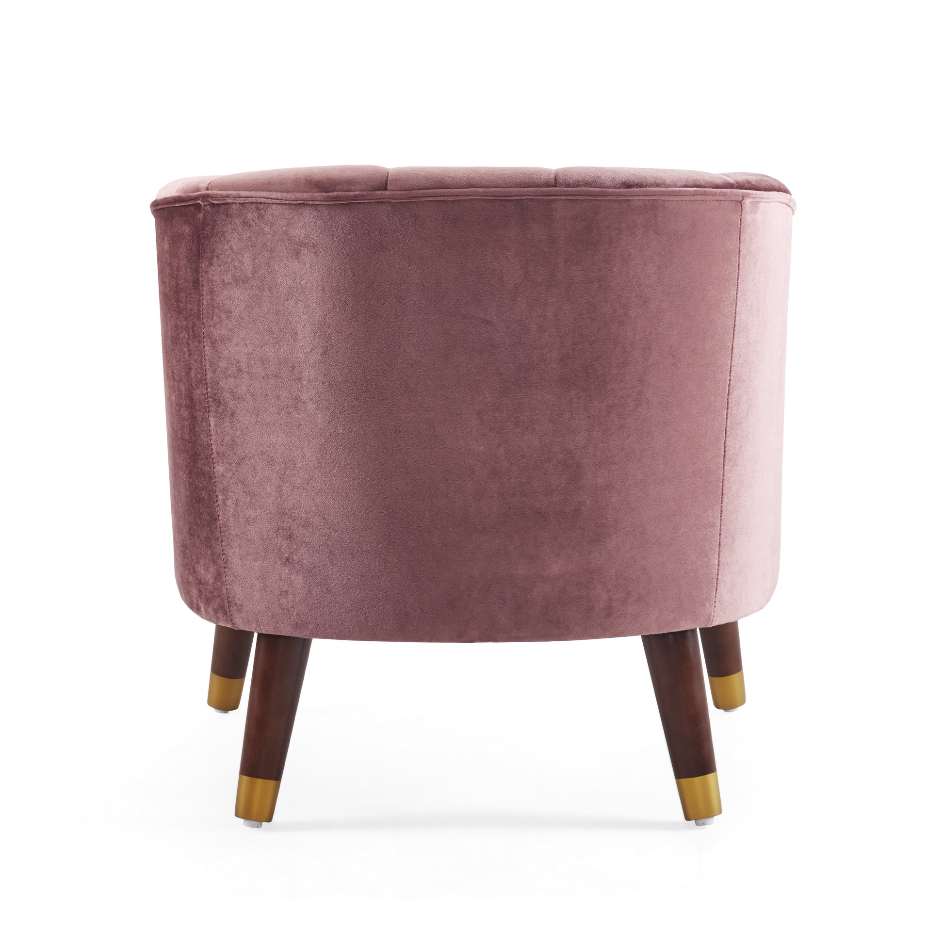 Dusty rose velvet accent chair with button tufting and wooden legs with gold accents