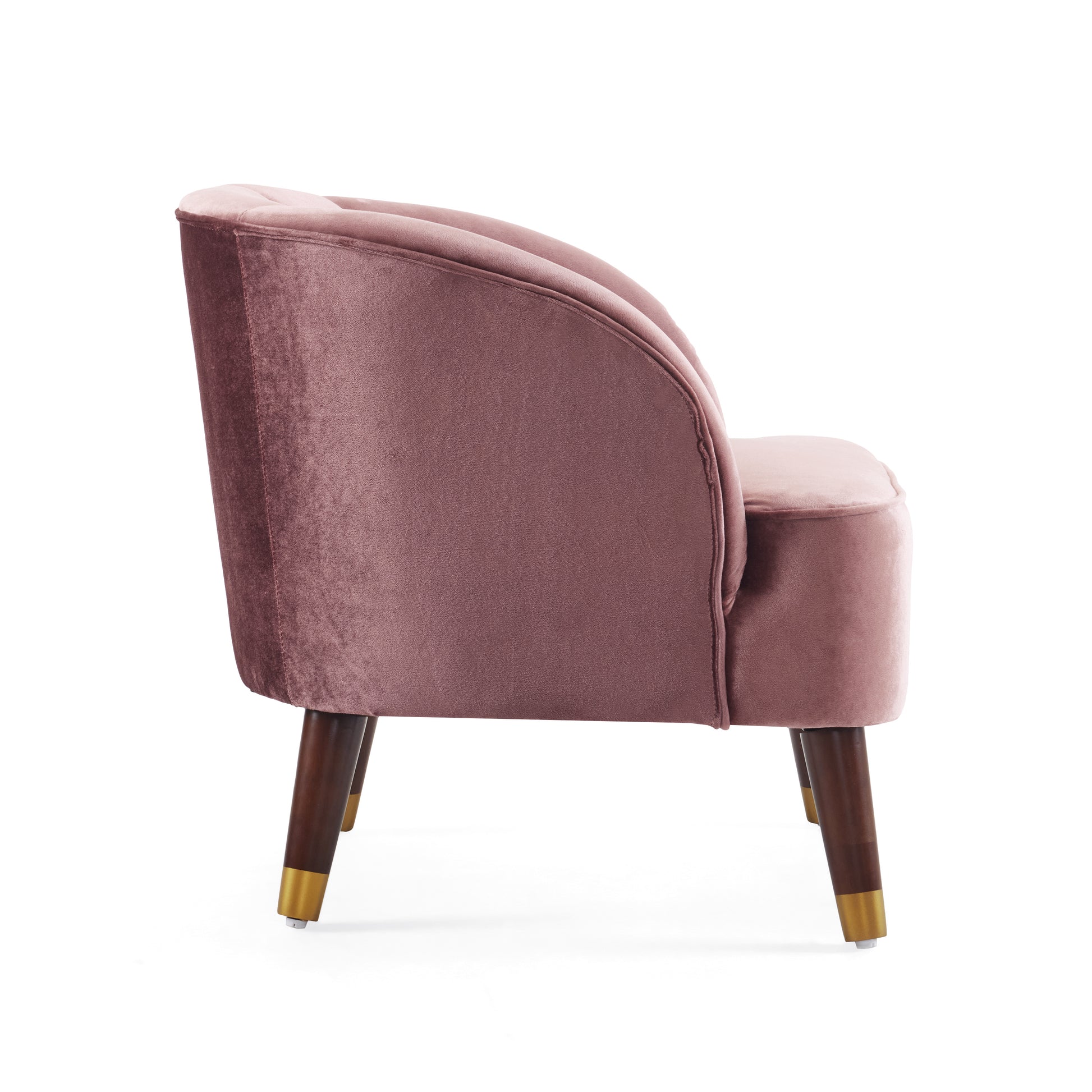Dusty rose velvet accent chair with dark wood legs and gold accents perfect for modern living rooms