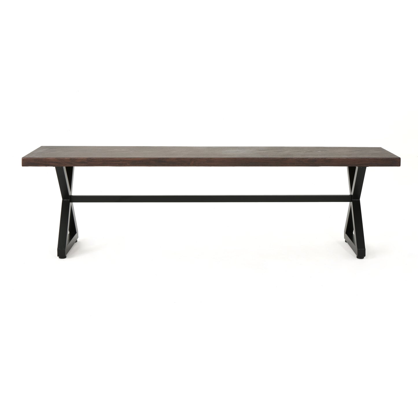 Dark wood dining bench with black metal Xshaped legs  inches long