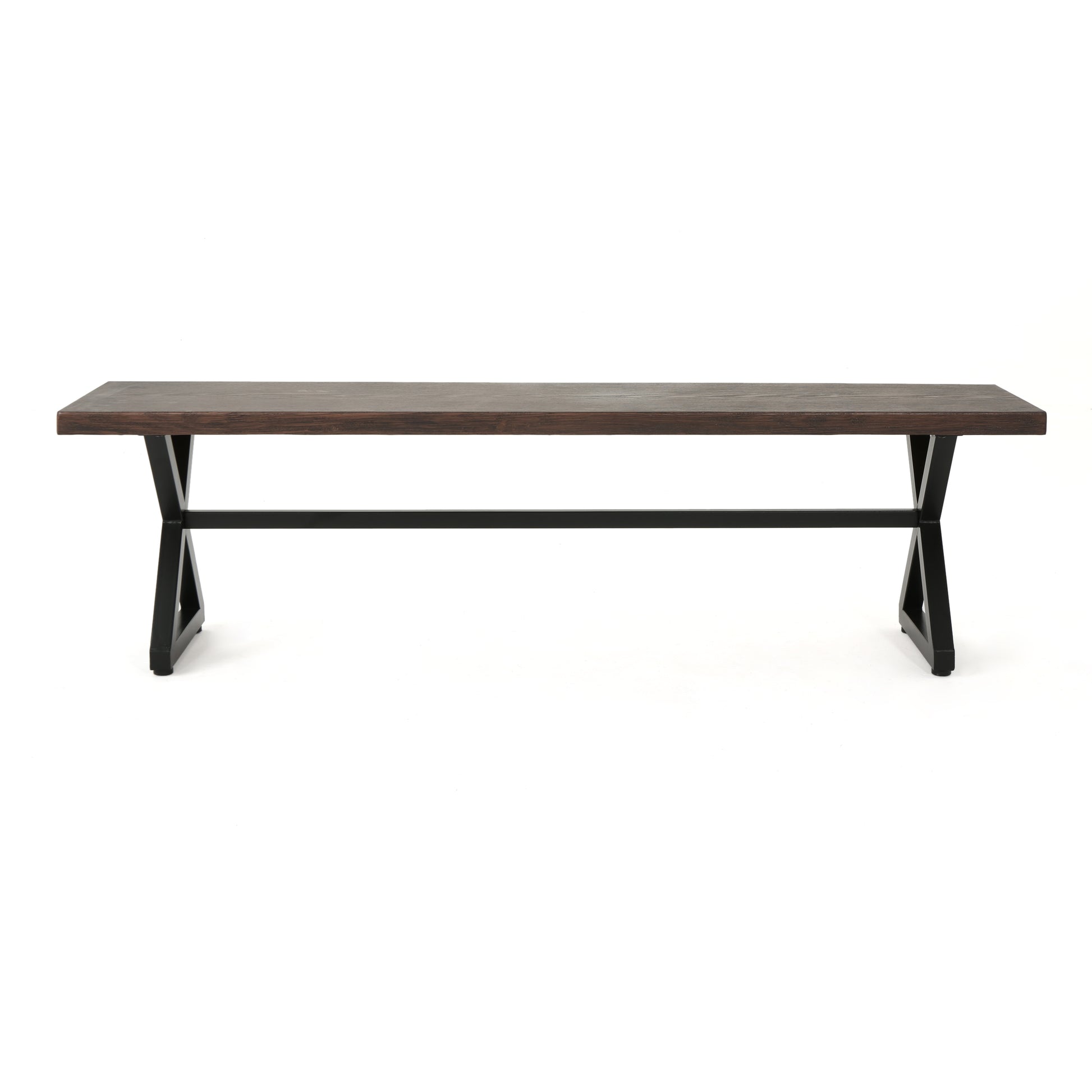 Dark wood dining bench with black metal Xshaped legs  inches long