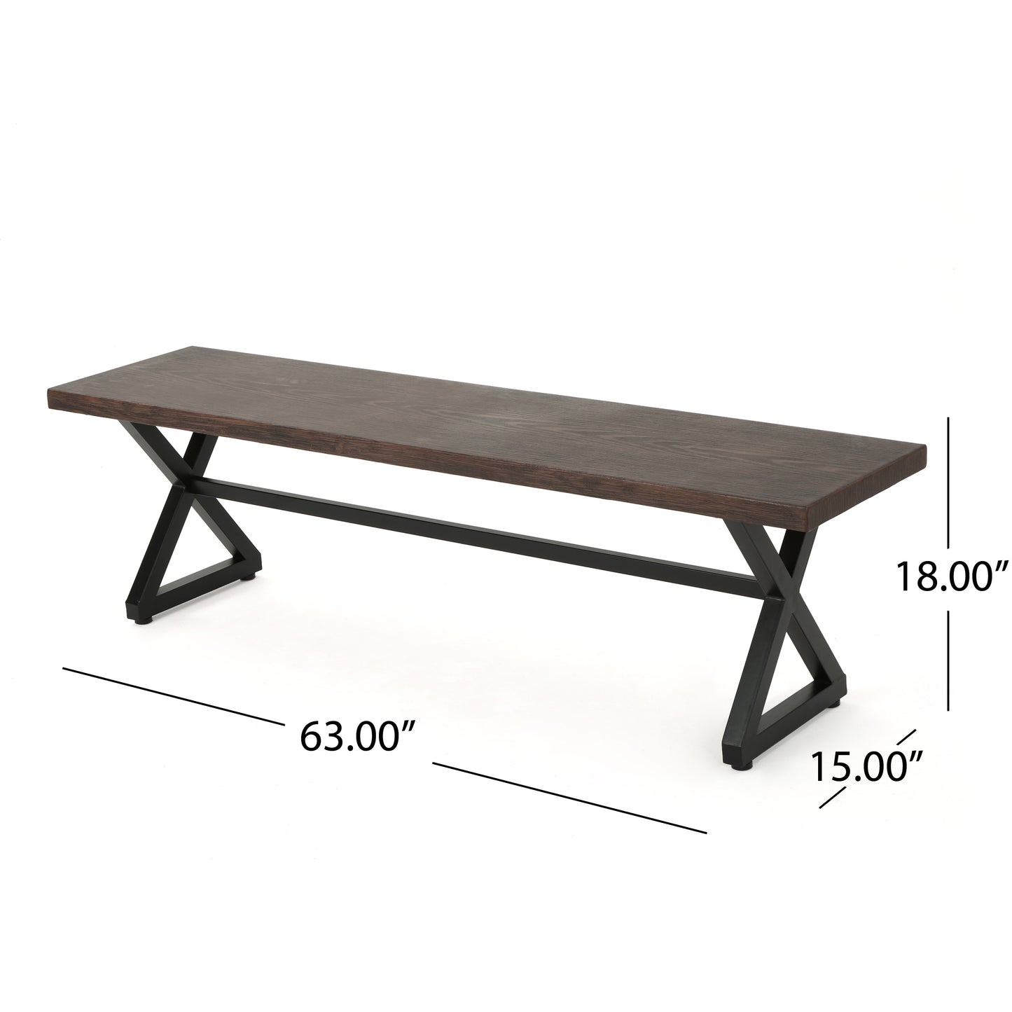 Dark wood dining bench with black Xframe legs  inches long