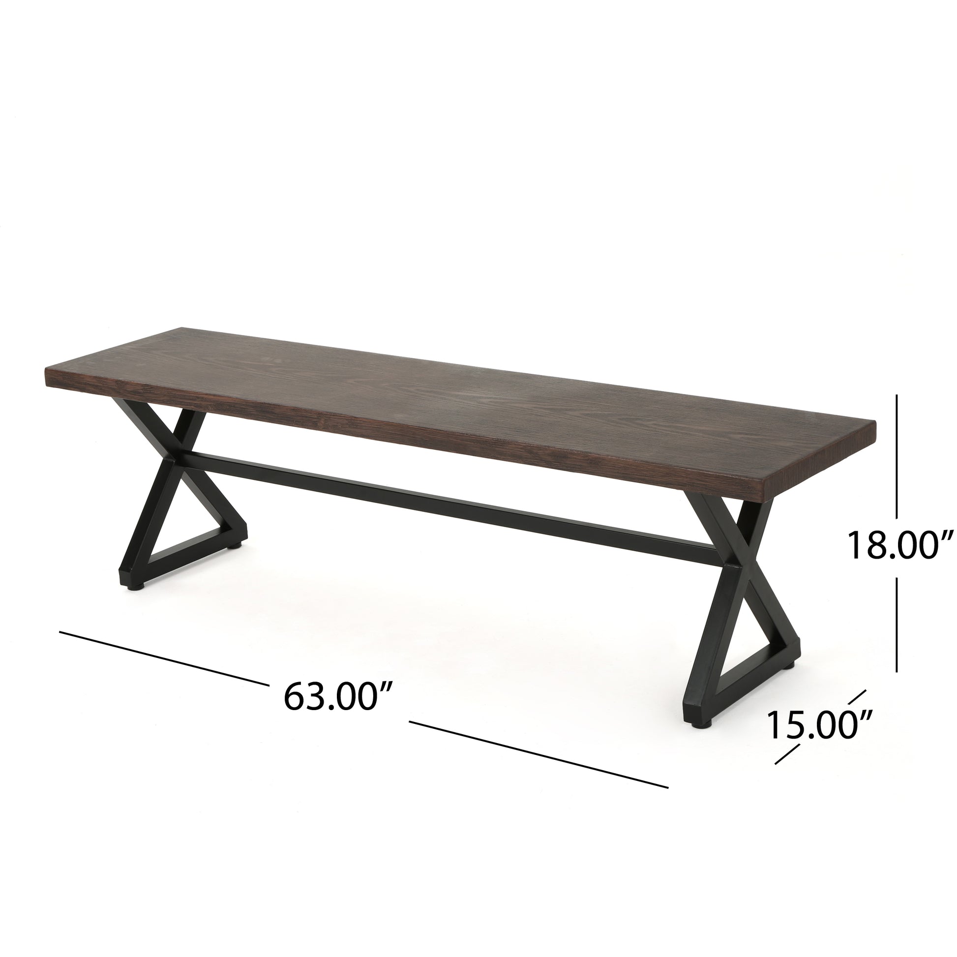 Dark wood dining bench with black Xframe legs  inches long