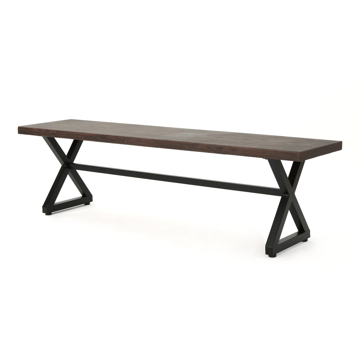 Dark oak dining bench with black industrial Xframe legs perfect for modern kitchens