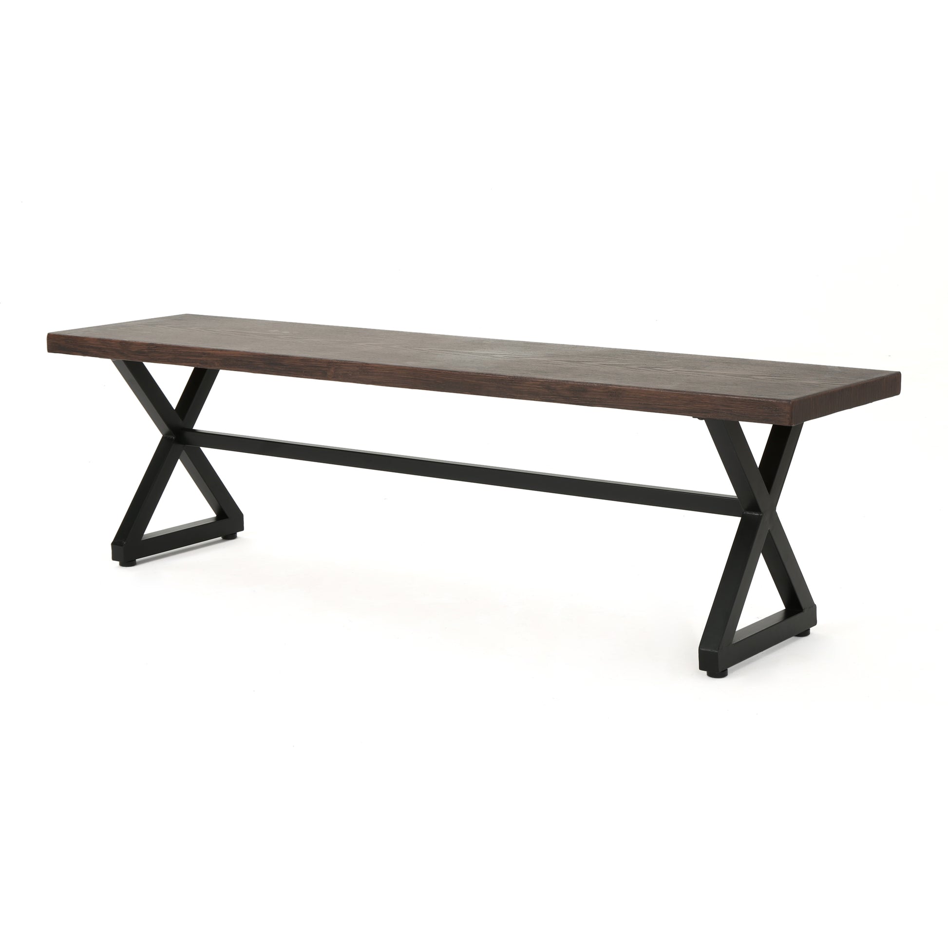 Dark oak dining bench with black industrial Xframe legs perfect for modern kitchens